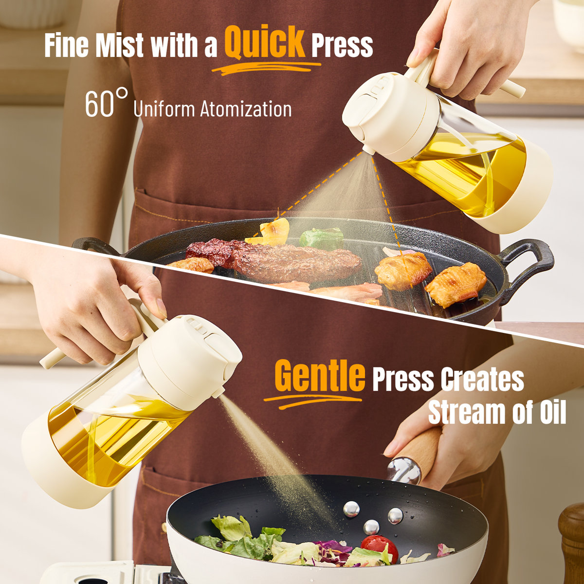 16 oz glass oil jug kitchen seasoning bottle, leak-proof olive oil storage bottle with non-slip silicone bottom, kitchen supplies for catering, cooking and salad dressing, with spray and pouring functions.2-in-1 olive oil dispenser.